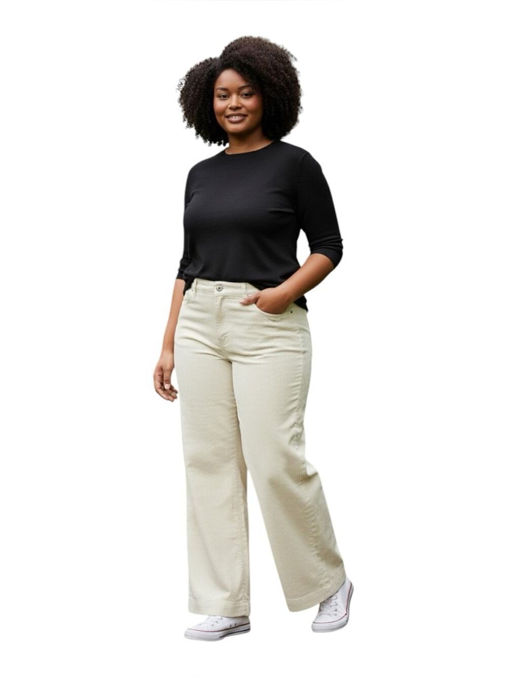 Lands ' End Corduroy Pants SZ 18 Wide Leg Winter White Stretch Cotton 31" Inseam